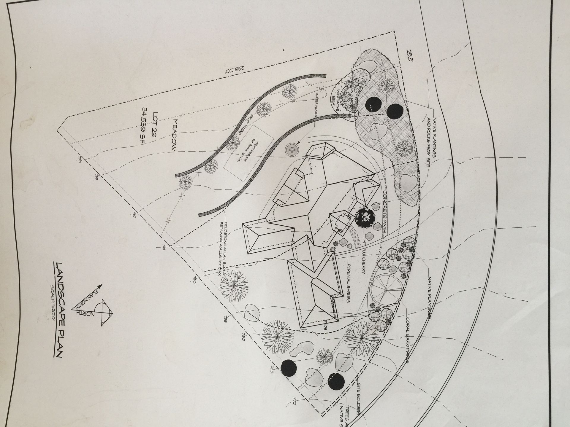 Hand-drawn site plan with curved paths, outlined buildings, and several black marker dots around the edges