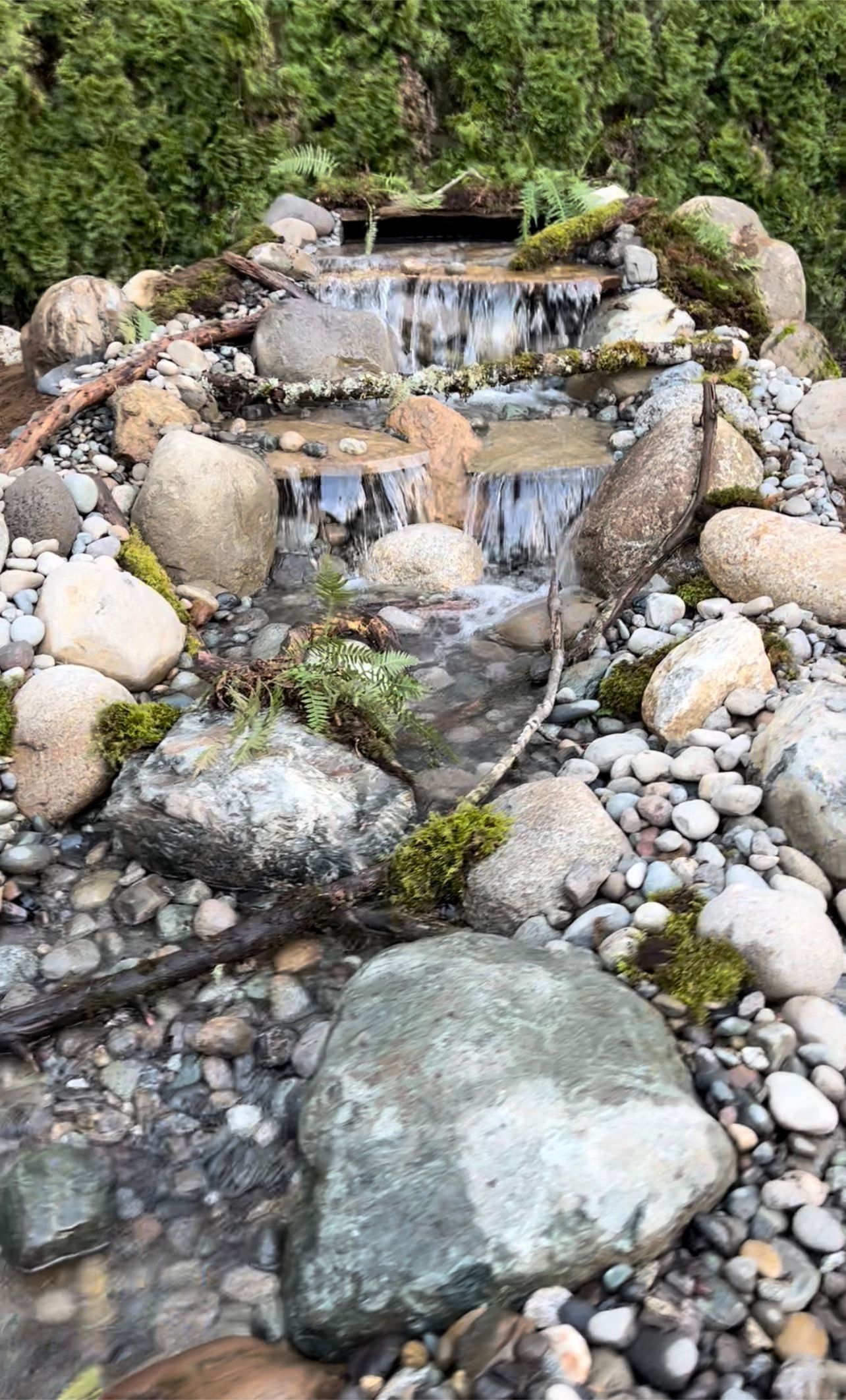 Small rocky garden stream with cascading water and green moss