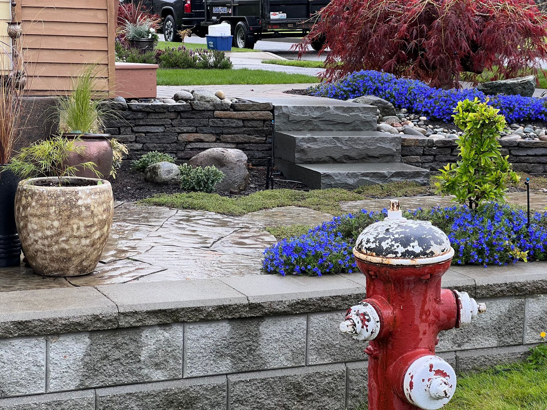 Front yard with stone steps, red fire hydrant, flower beds, and a large potted plant