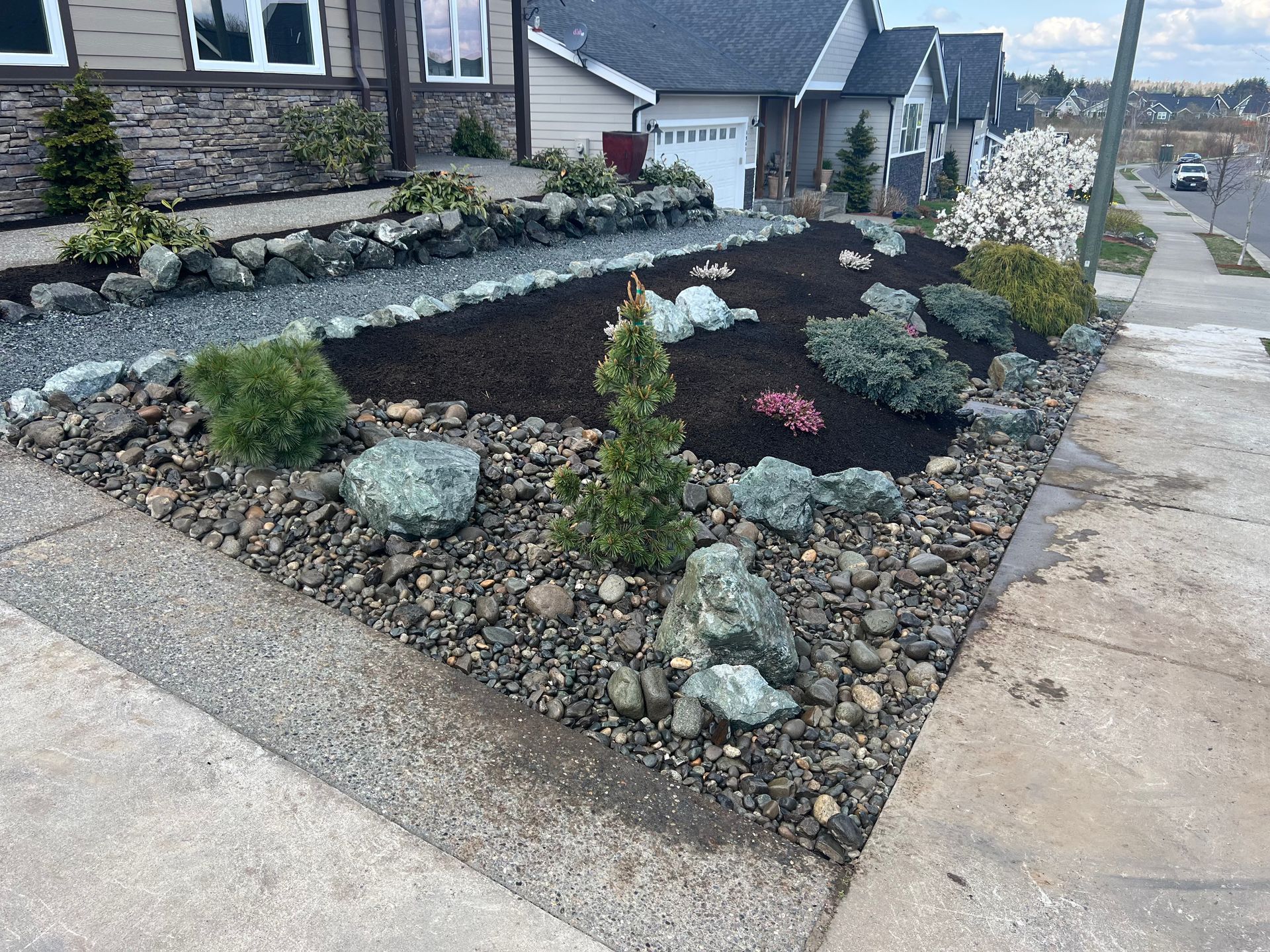 Rock garden landscape with dark mulch, stones, and shrubs beside a residential driveway