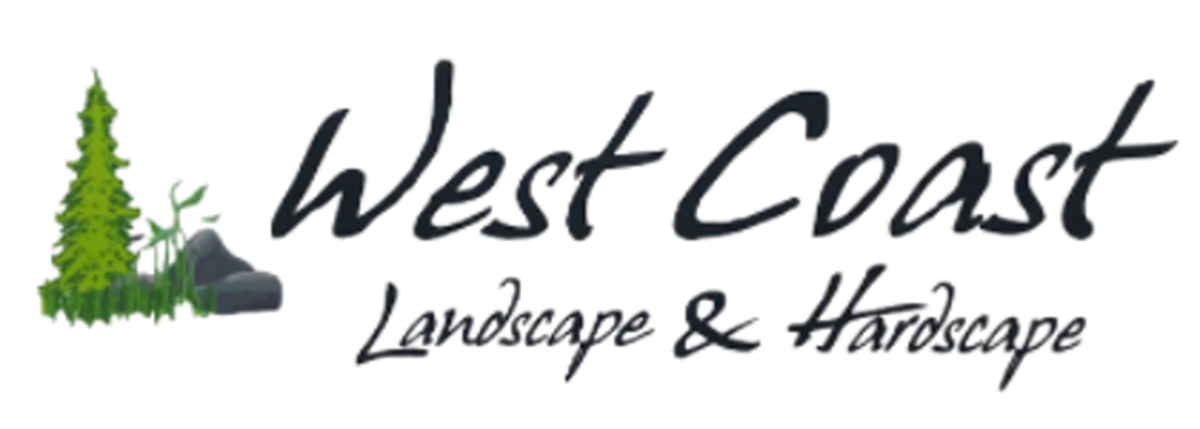 West Coast Landscape & Hardscape logo with green trees and black script text