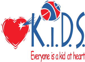 Red heart and blue K.I.D.S. logo with a basketball; slogan reads “Everyone is a kid at heart”
