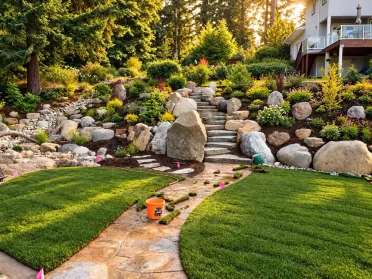 Curved flower bed with red, white, and purple blooms along a green lawn and rocks