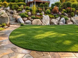 Worker laying sod beside a sidewalk, rolling out fresh grass over prepared soil.