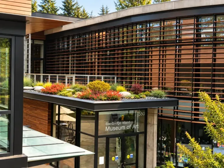 Suburban backyard patio with stone path, green lawn, hedges, and beige house siding