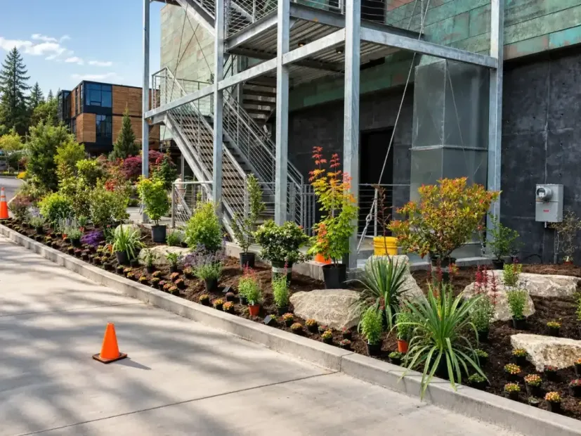 Stone steps beside a landscaped garden path with rocks, shrubs, and lush green trees