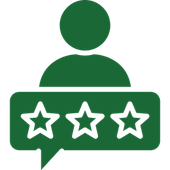Green user icon with three-star rating speech bubble