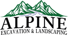 Alpine Excavation & Landscaping logo with green mountain peaks and black text