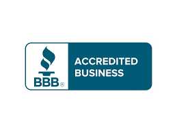 The bbb logo is blue and white and says accredited business