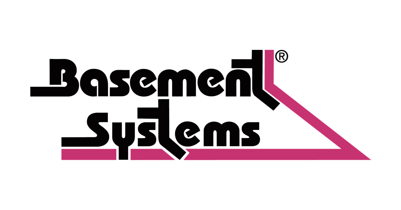 A black and pink logo for basement systems.