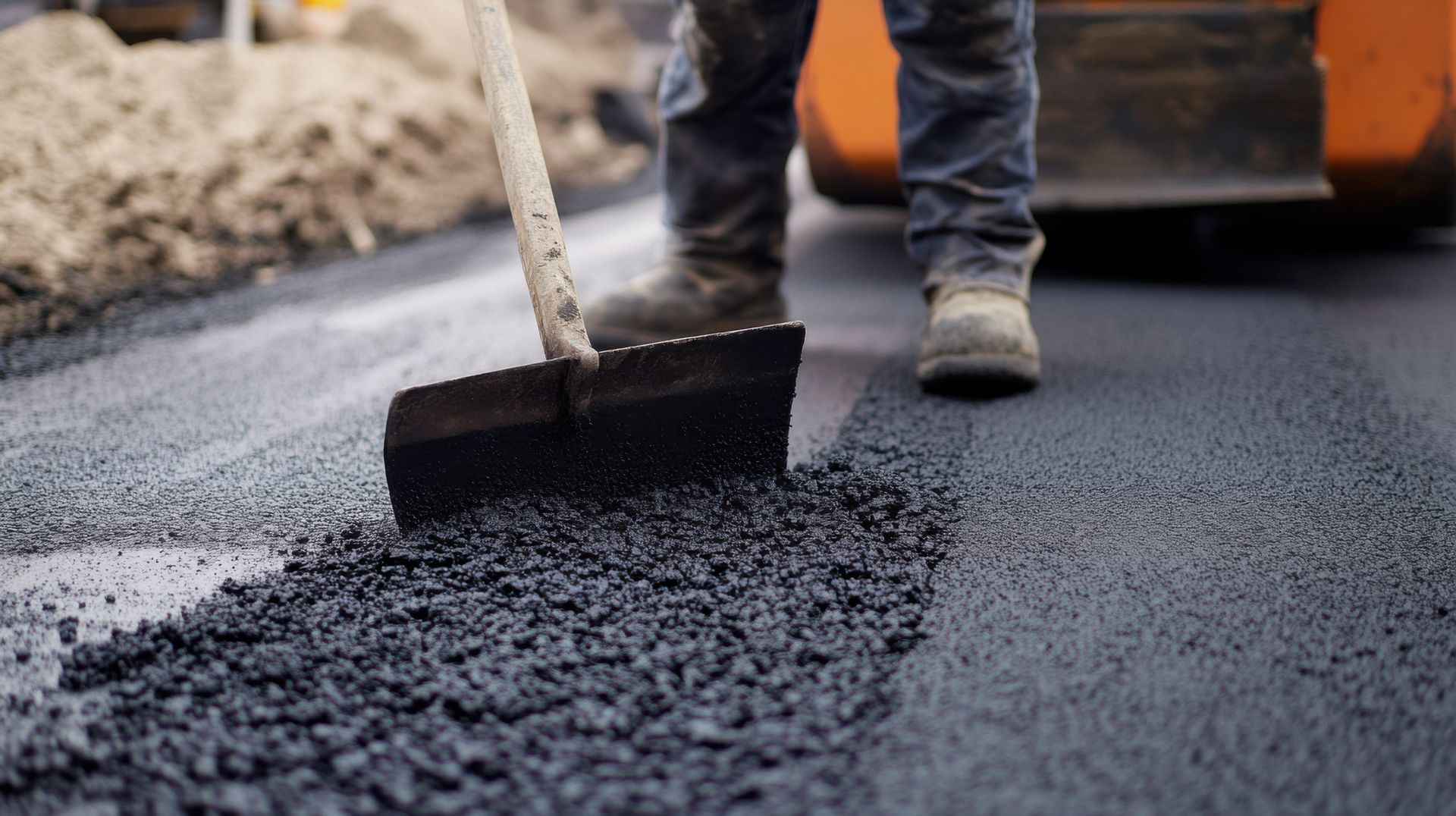 A worker in boots smoothing asphalt on a road with a shovel.