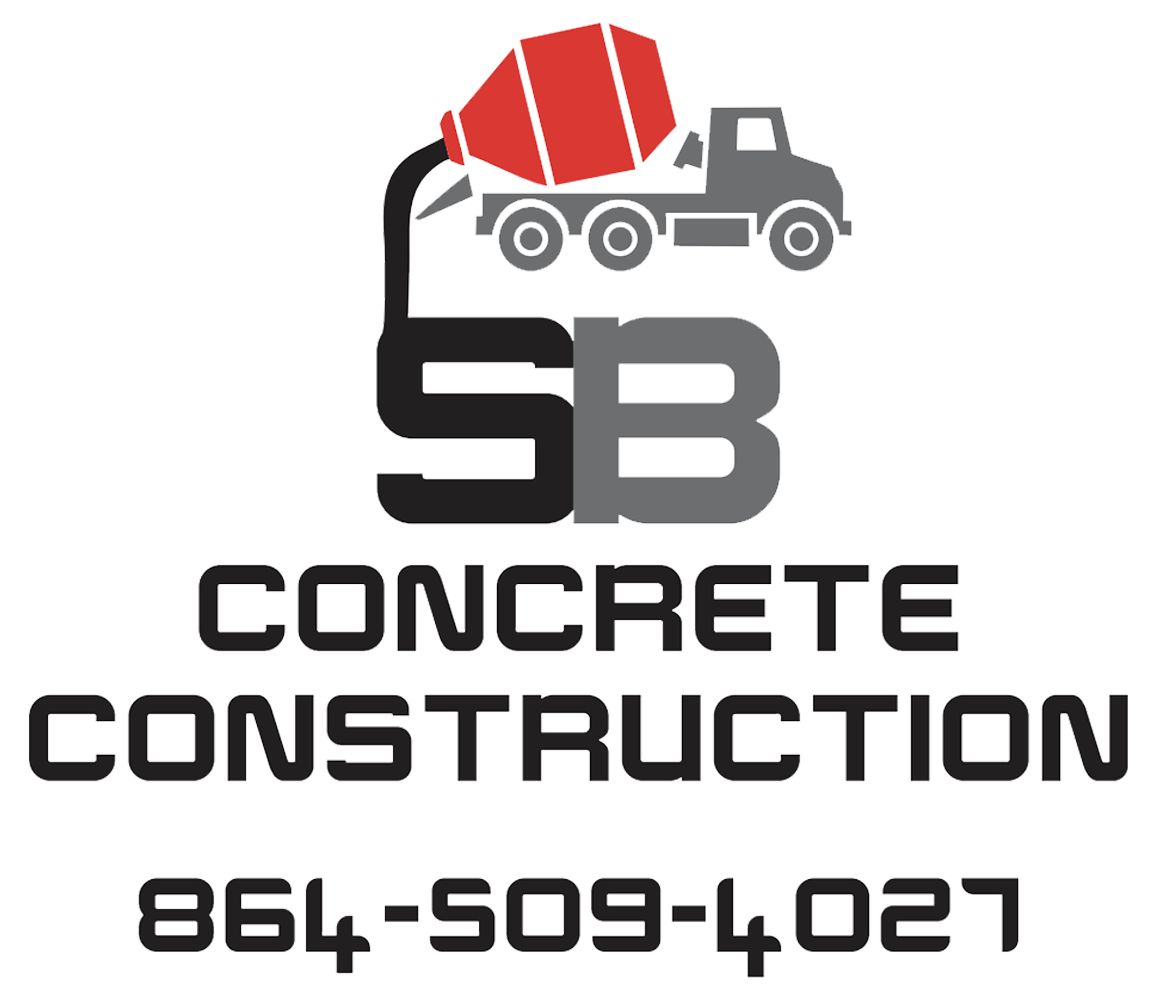 SB Concrete Construction logo with red dump truck icon and phone number 864-509-4027