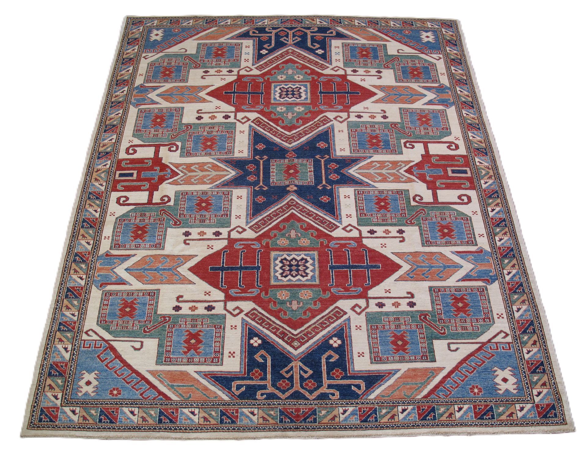 Cream-colored rug with geometric pattern in red, blue, and orange; visible perspective.
