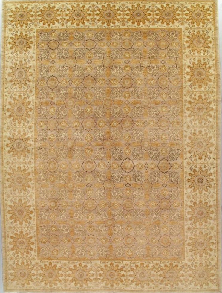 A rectangular rug with a tan, patterned field enclosed by a border of repeated, dark yellow floral star motifs.