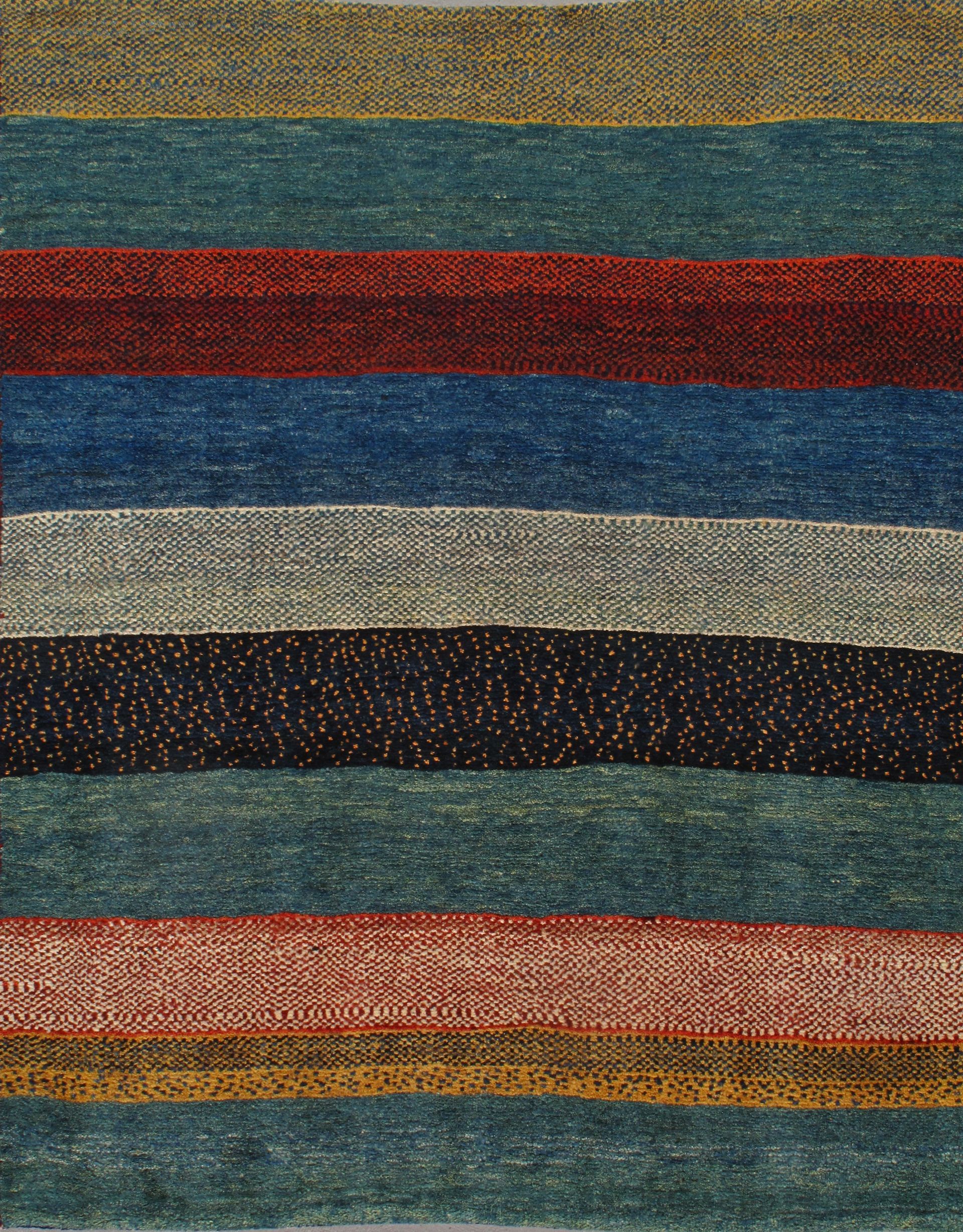 Persian Gabbeh rug with banded design in muted blue, red, beige, and green, 4'11