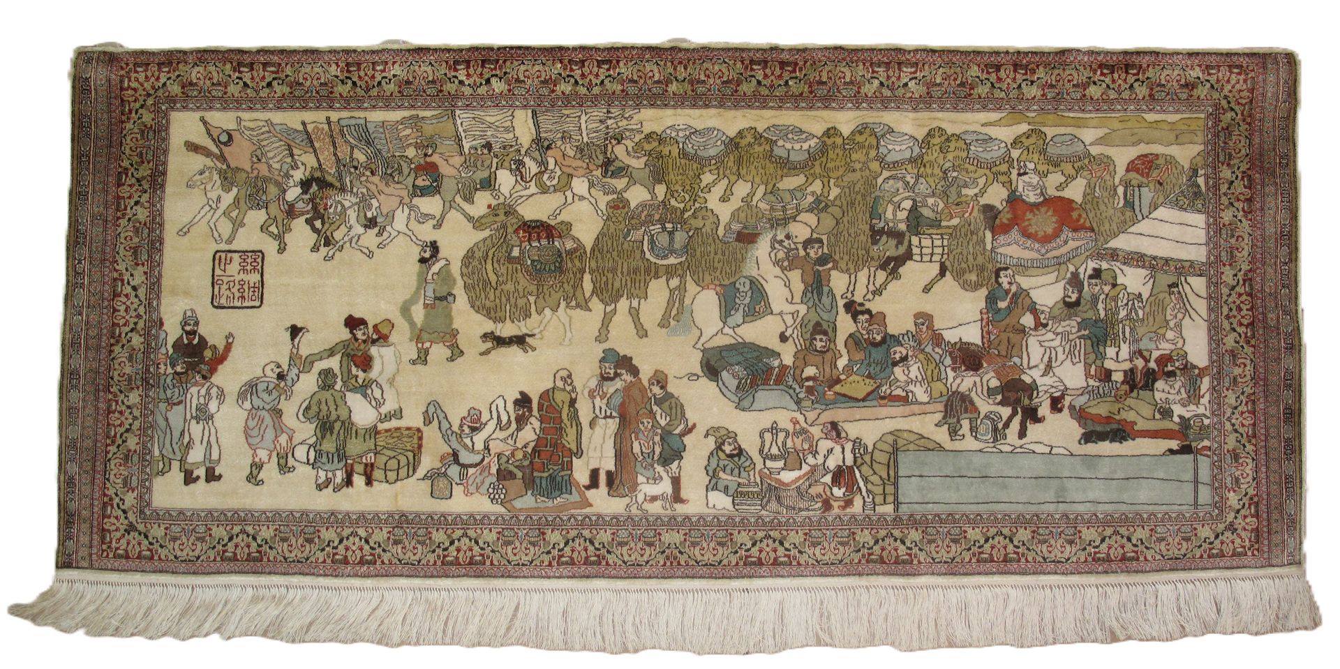 A Persian-style rug with a central illustration of a busy, historical battle scene with figures, horses, and buildings.