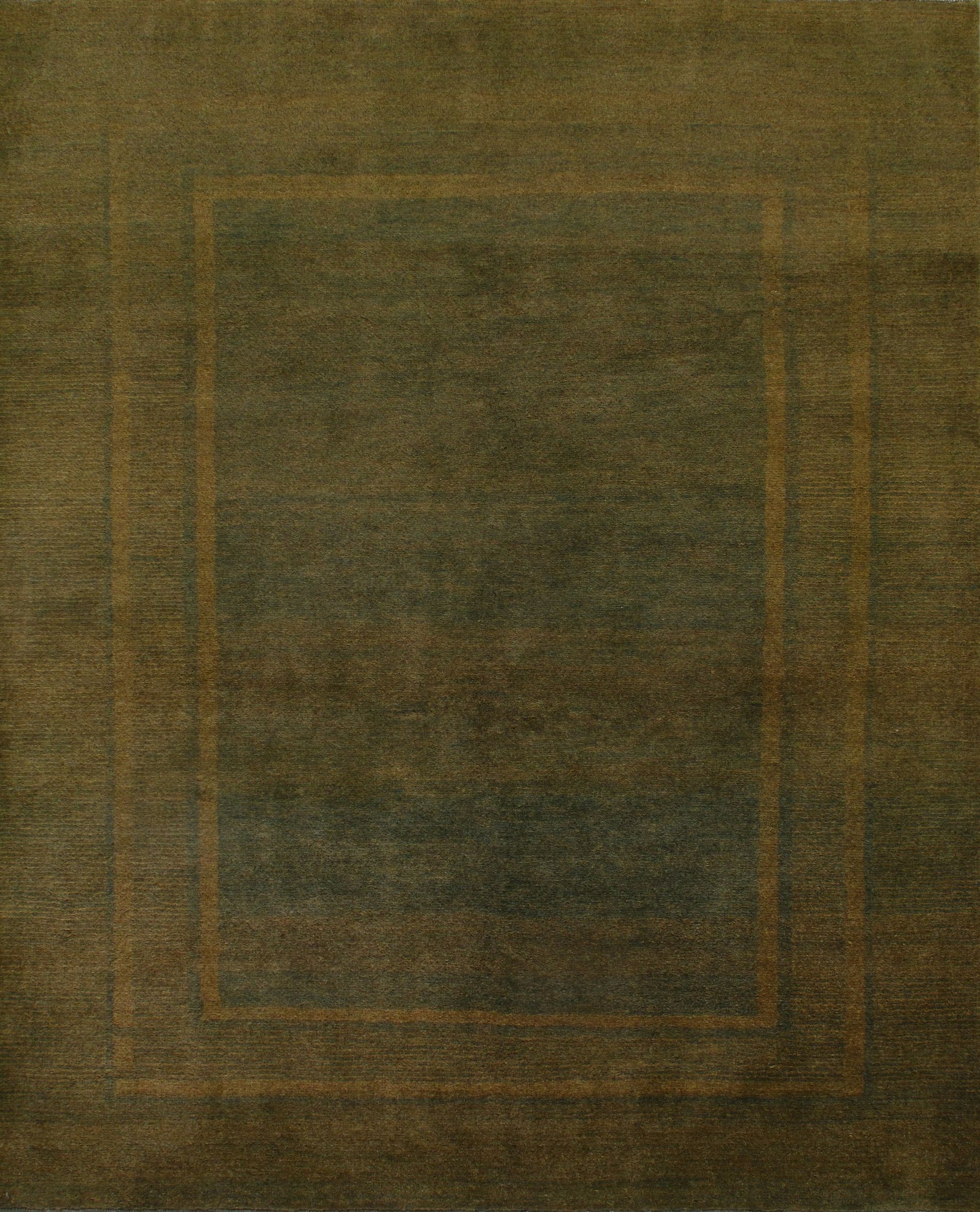 Green and gold rectangular rug with a darker green center and framed border.