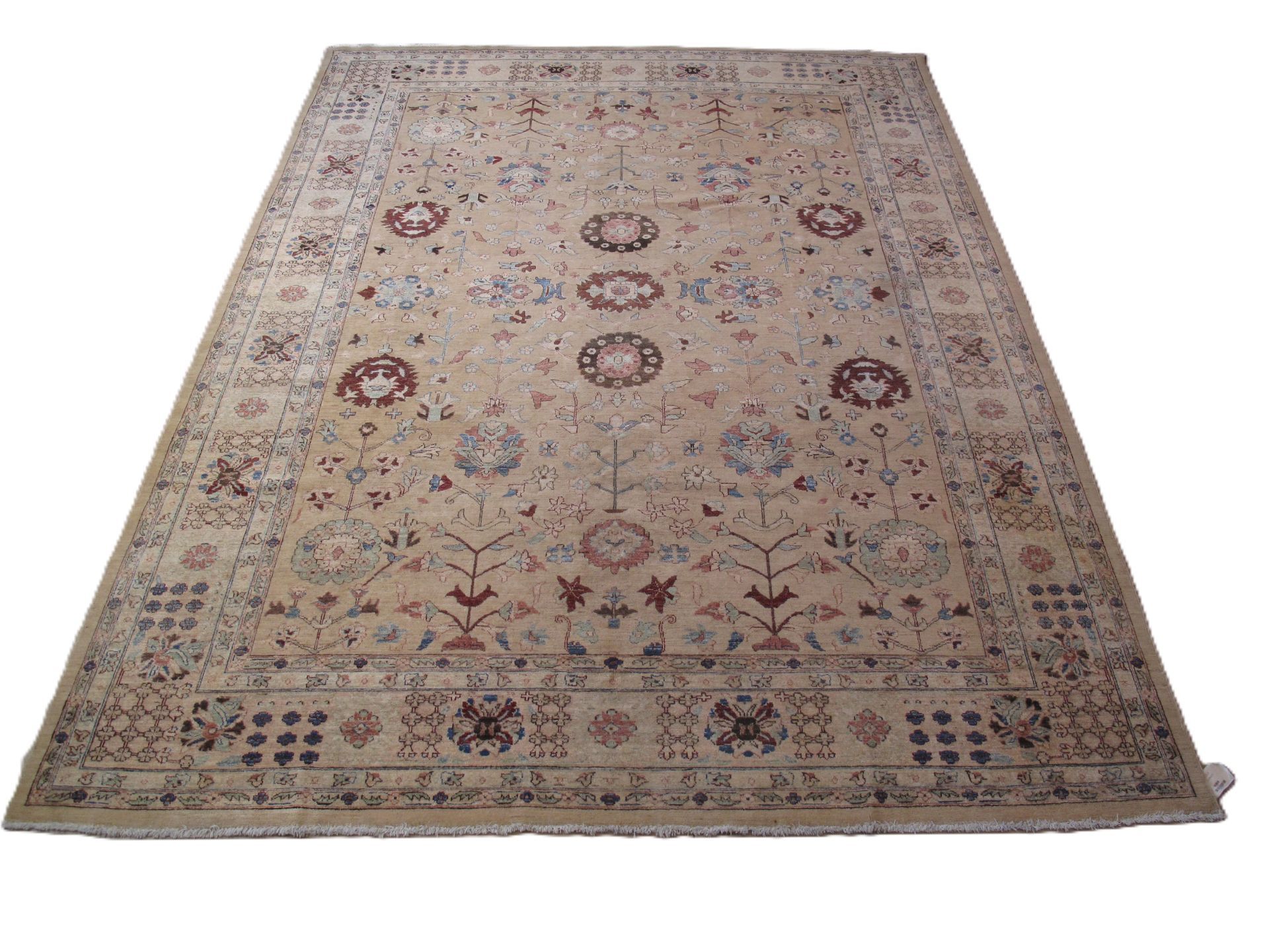 Beige rectangular rug with intricate floral and geometric patterns, likely for a home.