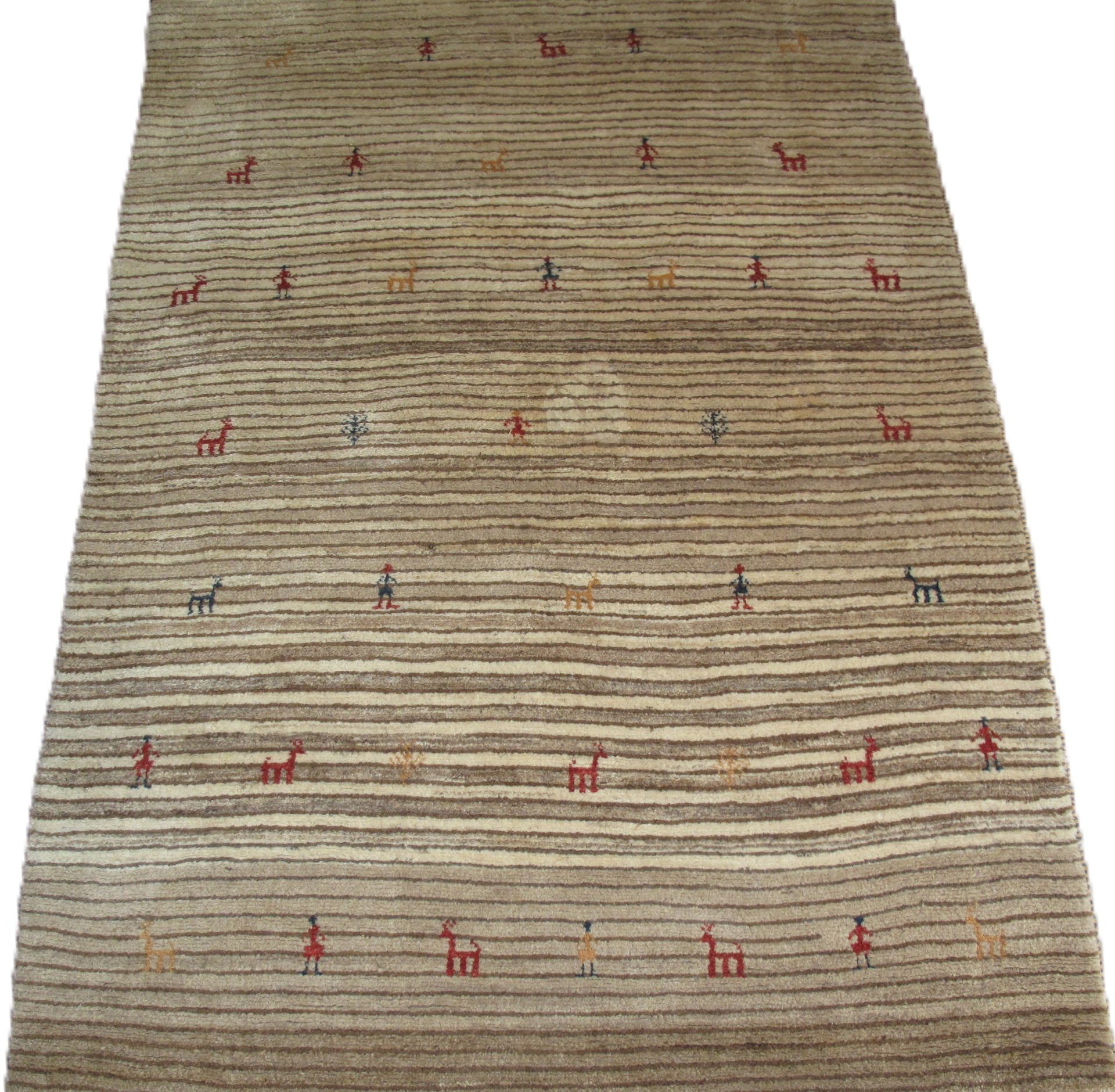 Tan and cream striped rug with small, colorful animal and person figures scattered across.