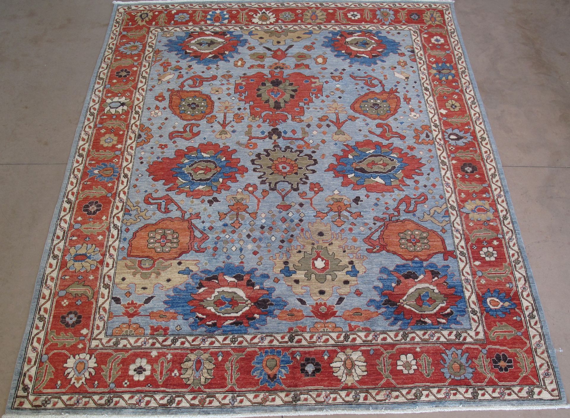 A rectangular area rug with a light blue background, red border, and intricate floral and medallion patterns.