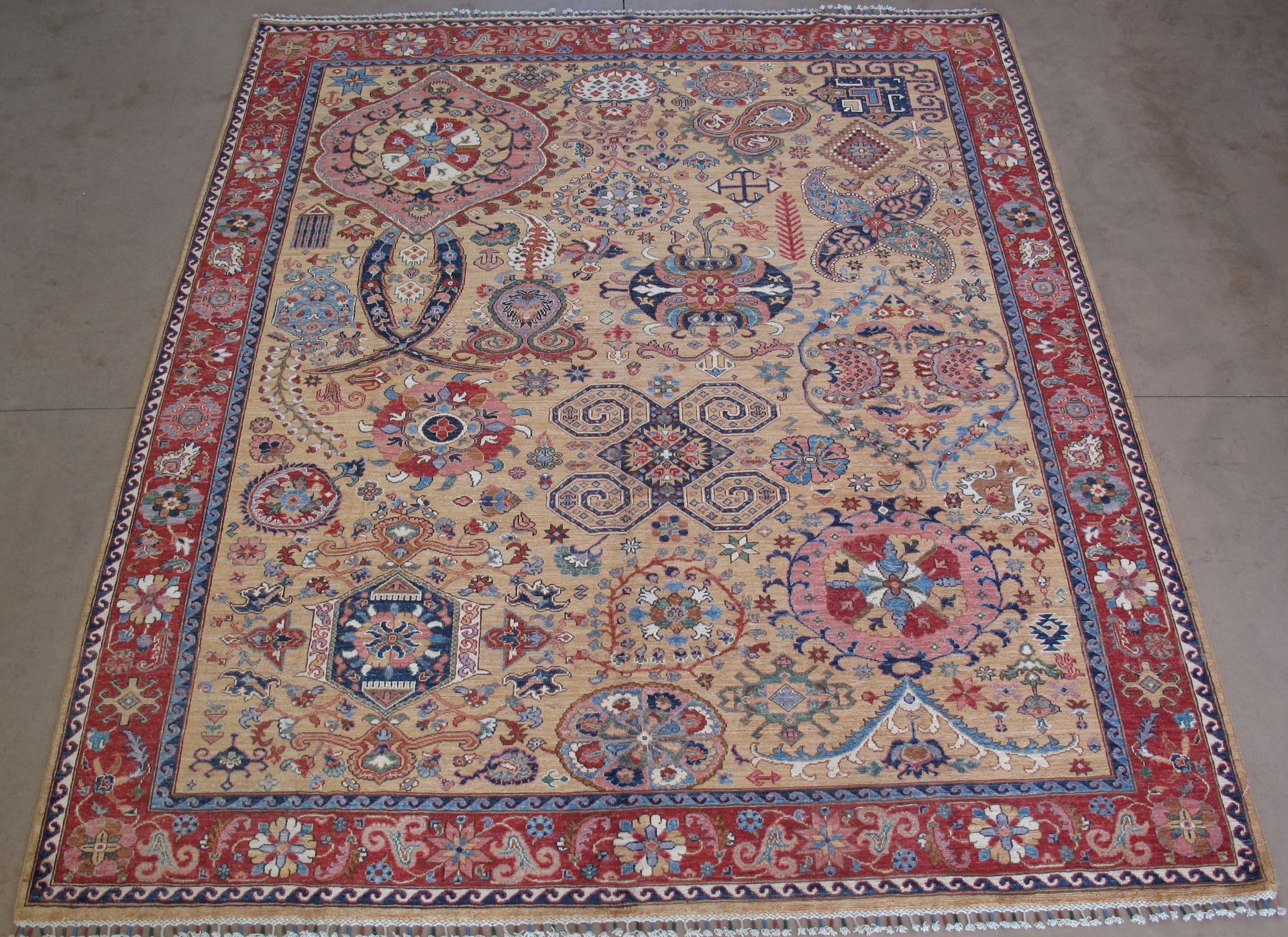 Hand-knotted area rug with a beige field, intricate floral and geometric patterns in red and blue, and a red border.