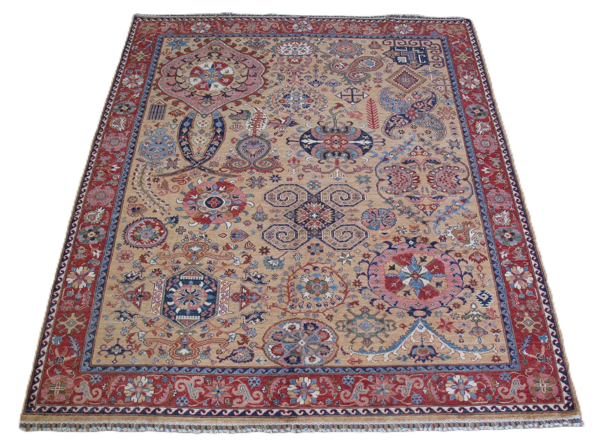 Hand-knotted area rug with a beige field, intricate floral and geometric patterns in red and blue, and a red border.