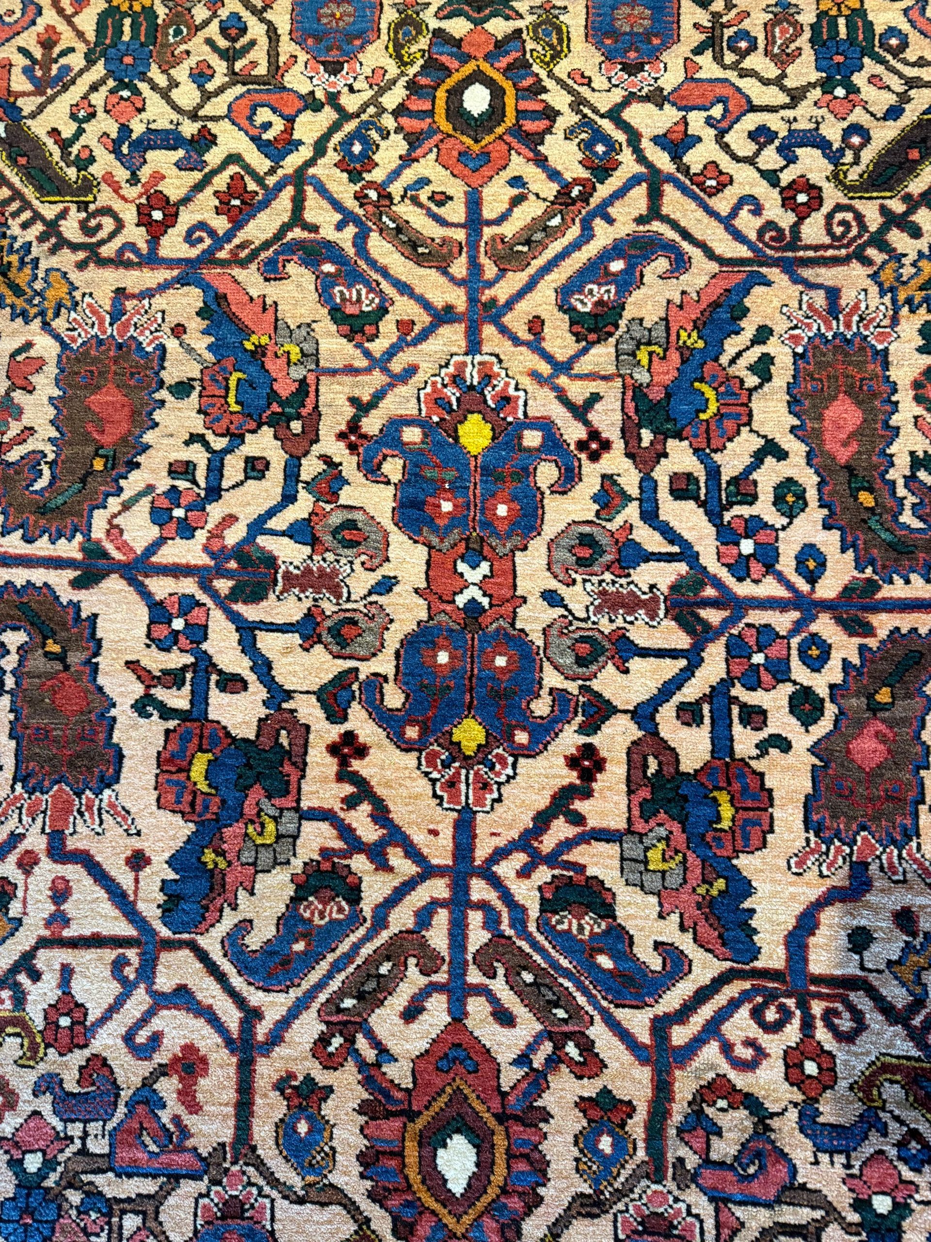 A rug with a floral pattern on it is on a white background.