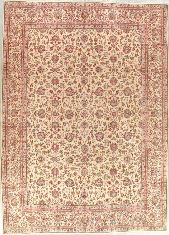 Beige Persian-style rug with dense red floral and border pattern