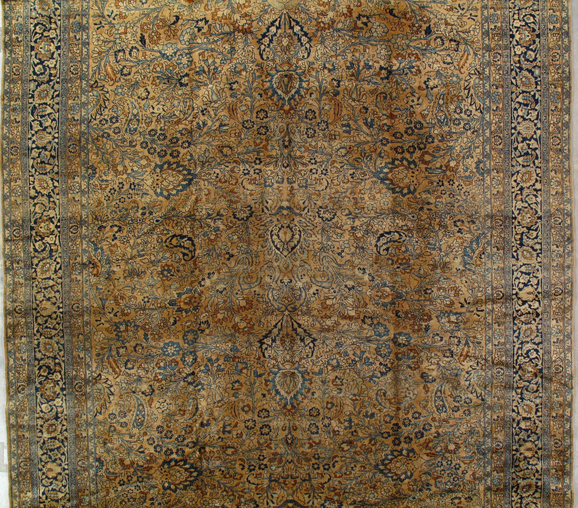A faded ornate beige and blue patterned rug with a decorative border