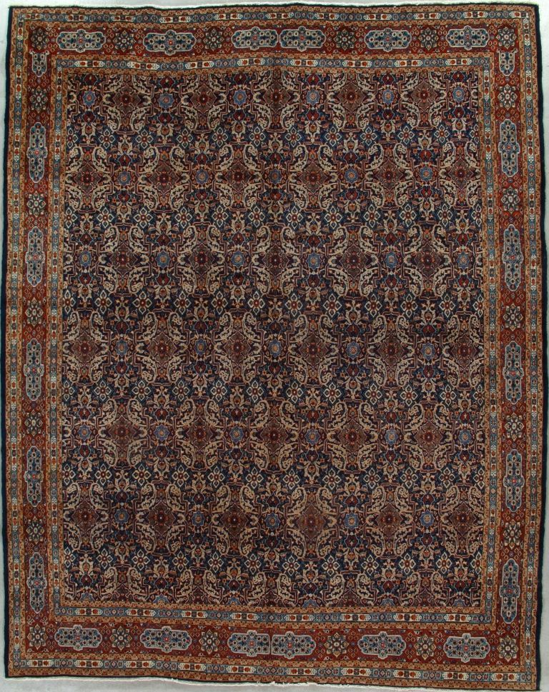 Rectangular patterned Persian-style rug in red, brown, and blue with a decorative border