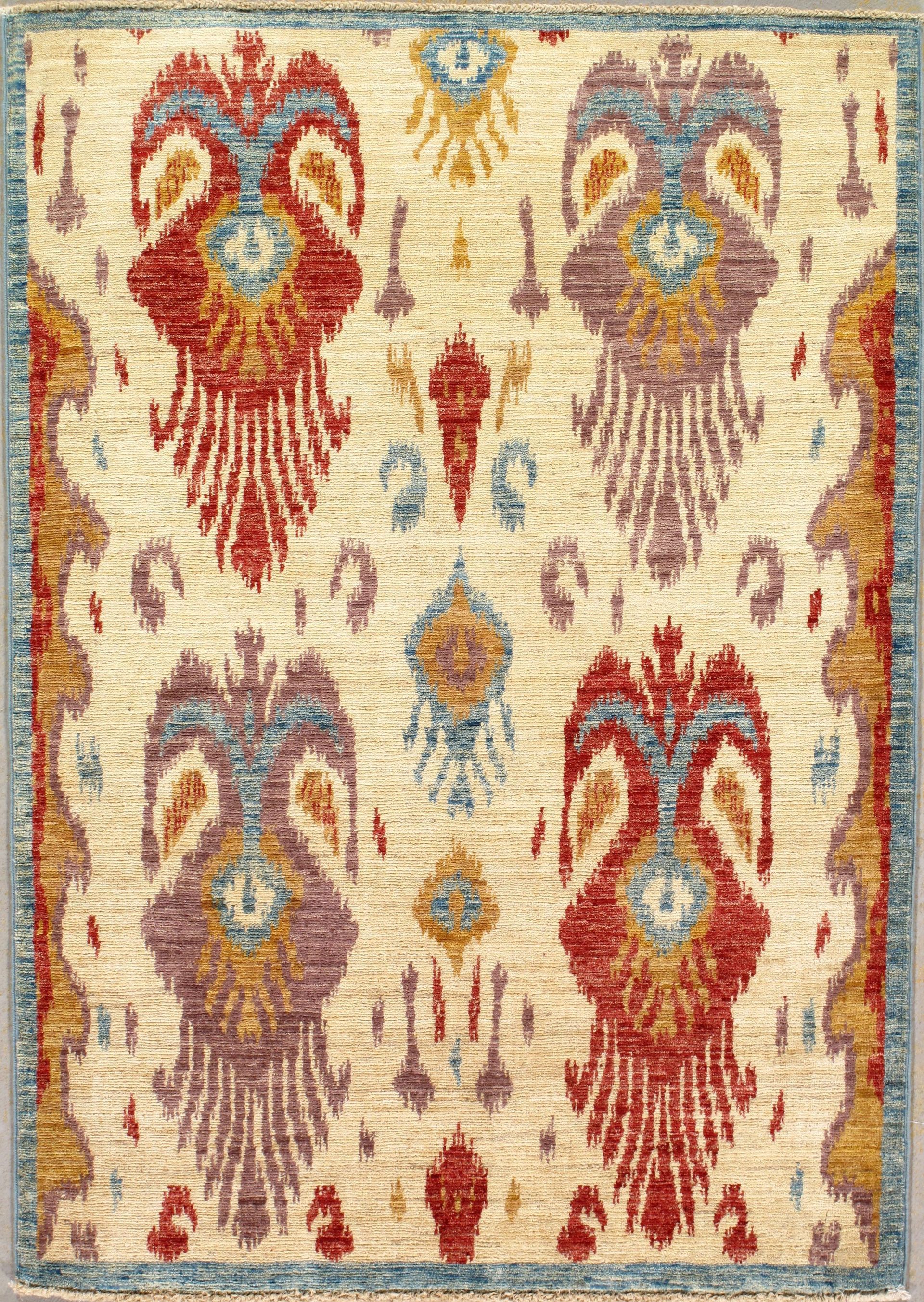 A rug with a colorful pattern on it is on a table.