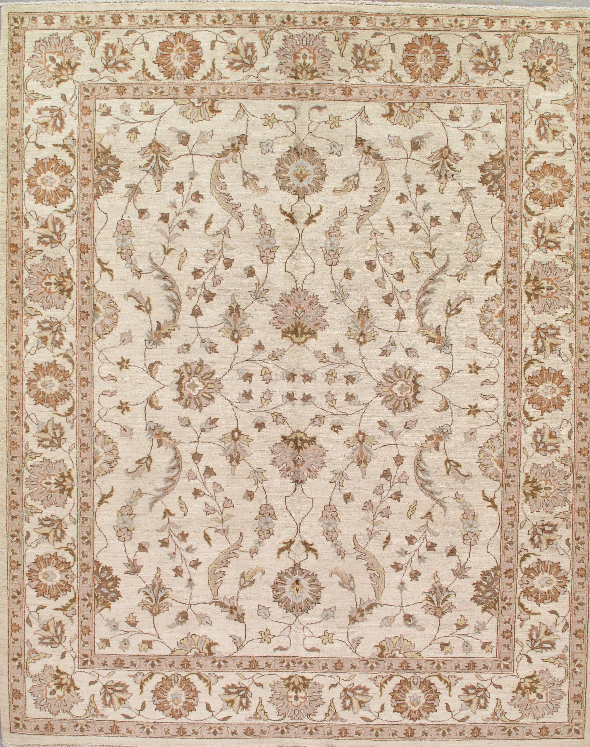 Cream-colored rug with floral patterns and a reddish-brown border.