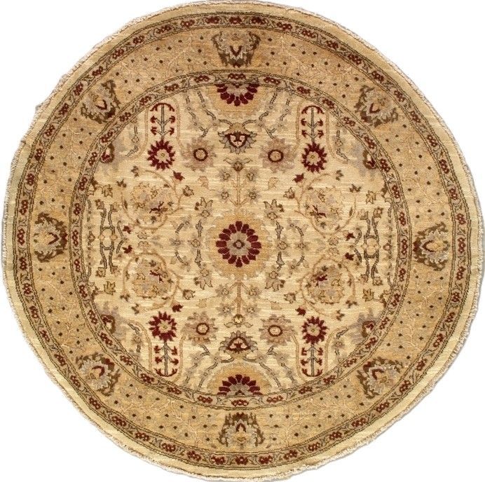Round beige rug with intricate floral pattern and dark red accents.