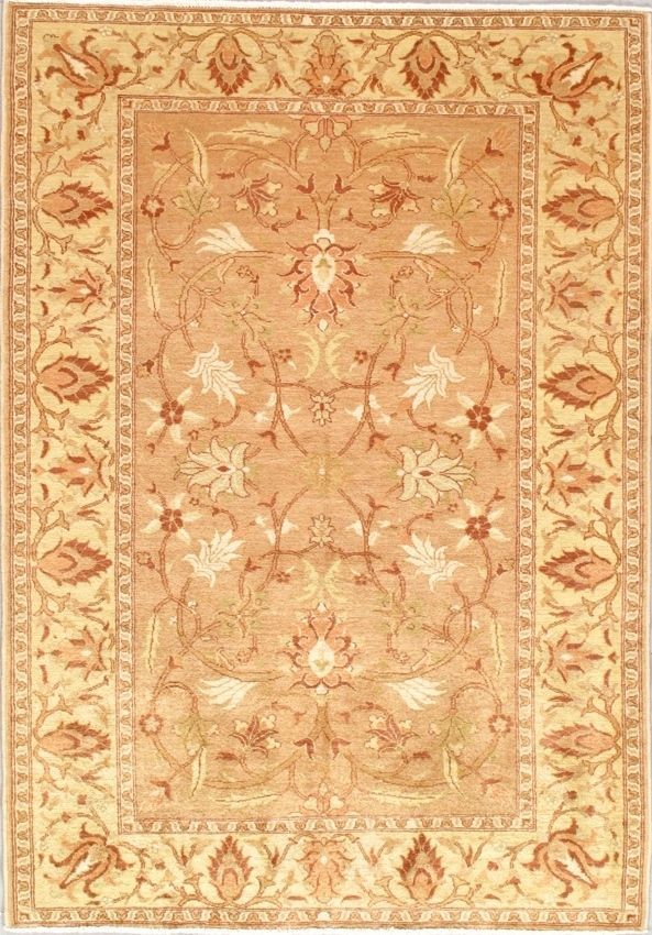 Beige and peach floral patterned rug with a border.