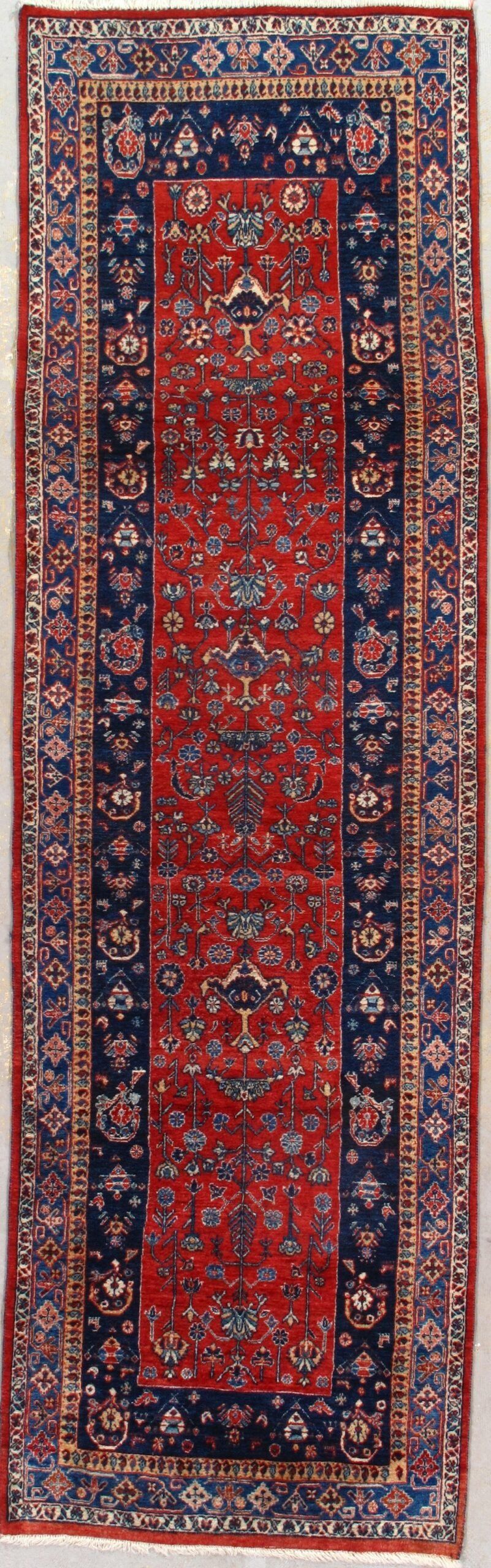 vintage Qashqai runner in red, blue, and ivory, 2'10