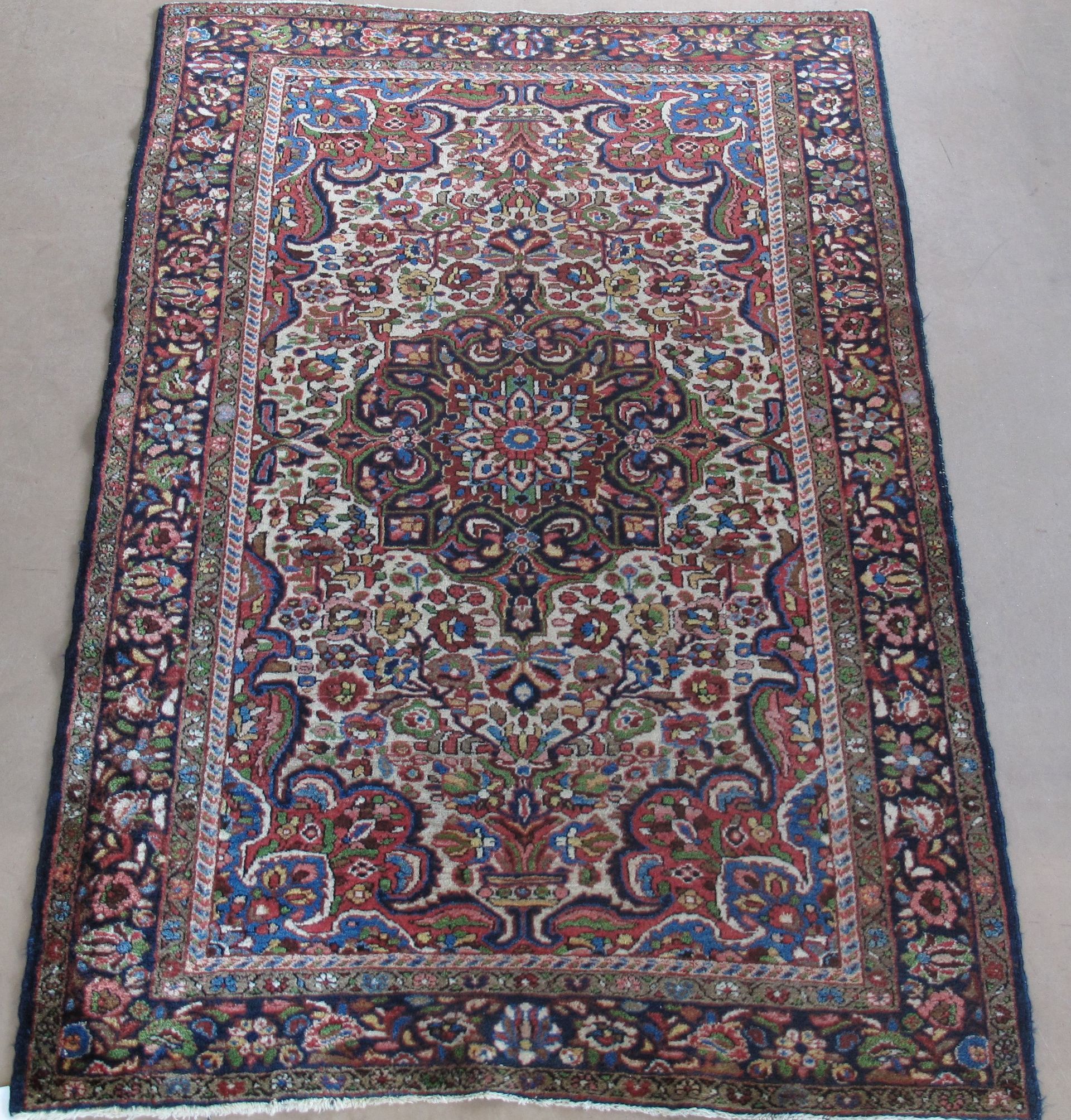 A rug with a floral pattern is laying on the floor