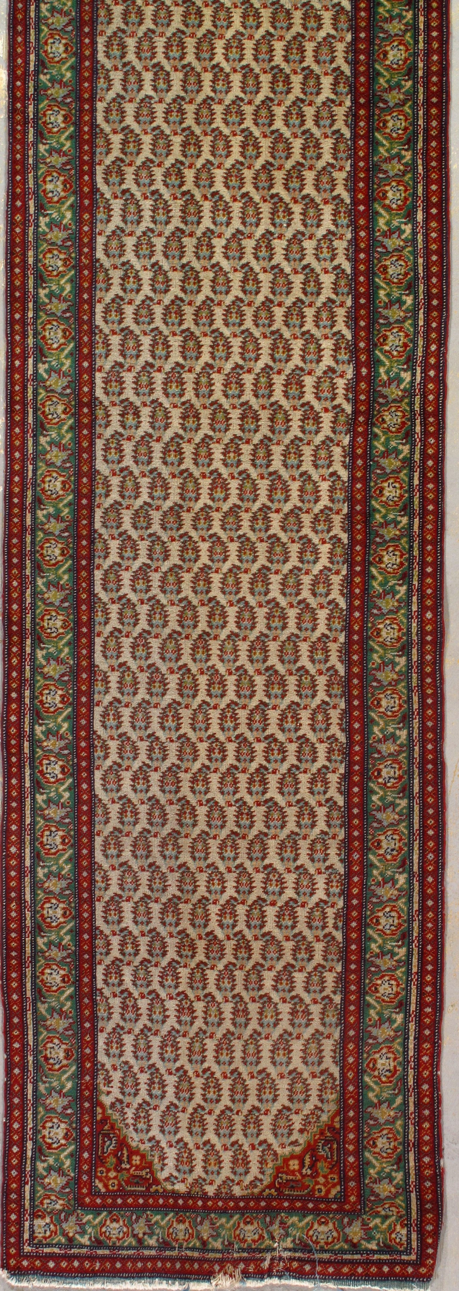 Long, narrow rug with a patterned center, bordered by red and green floral designs.