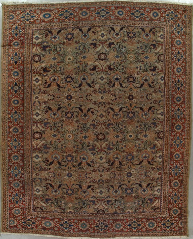 Persian rug with intricate floral pattern, beige and brown tones with a red border.