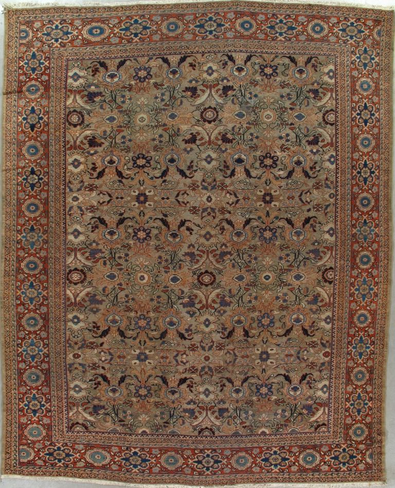 Persian rug with intricate floral pattern, beige and brown tones with a red border.