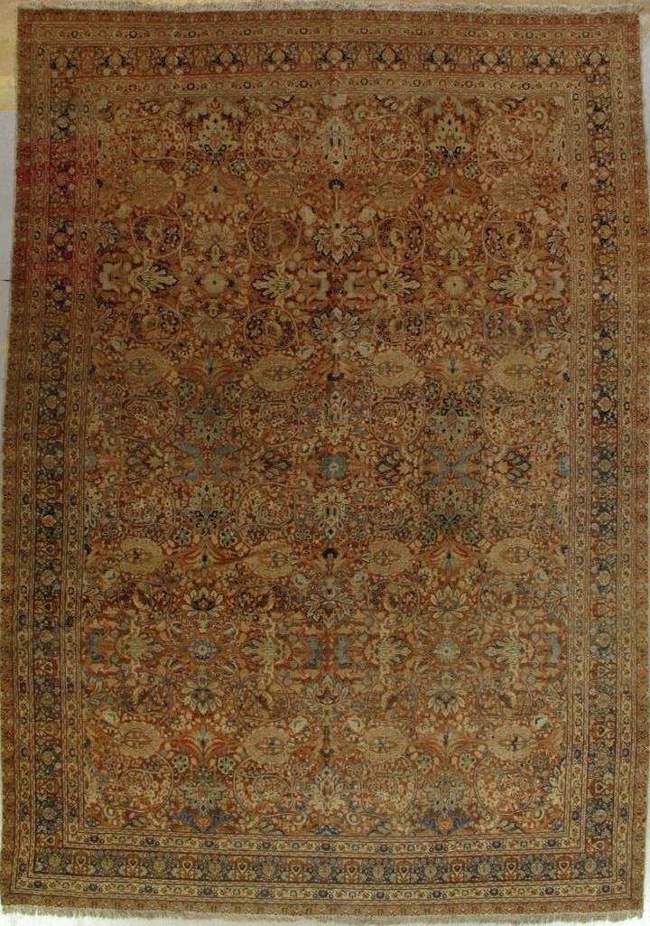 Brown and beige Oriental rug with intricate floral pattern and border.