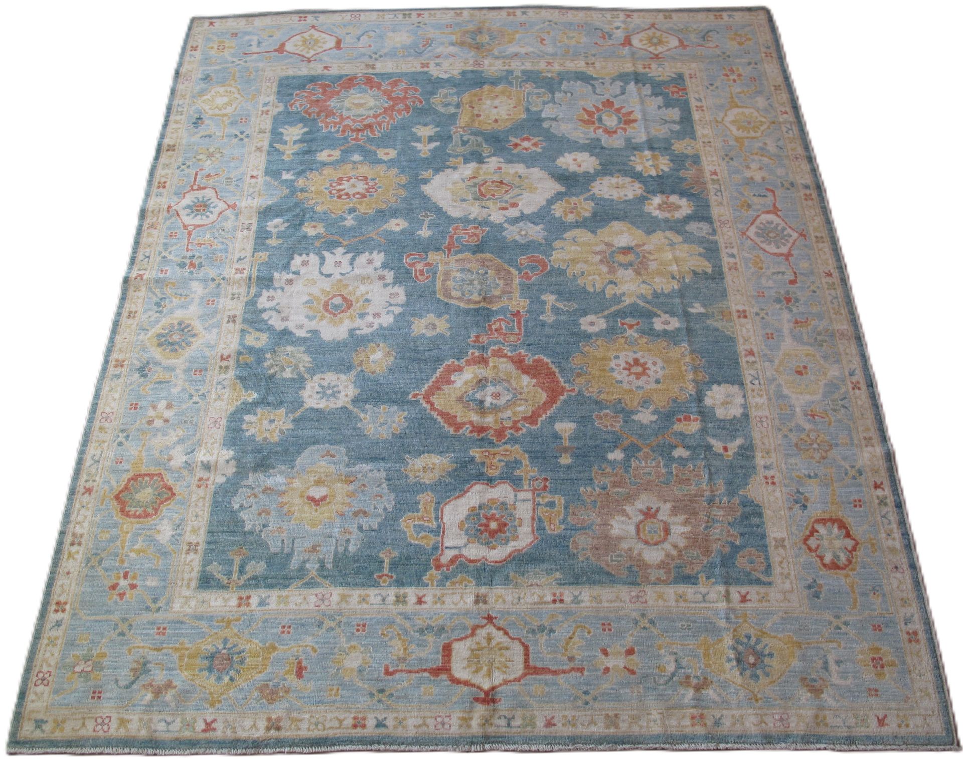 Blue and ivory floral patterned area rug with a cream-colored border and ornate detailing.