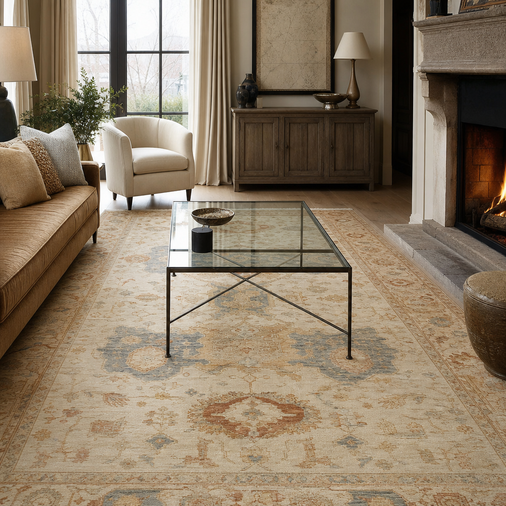 Cozy living room with beige sofa, armchair, glass coffee table, fireplace, and patterned oushak rug