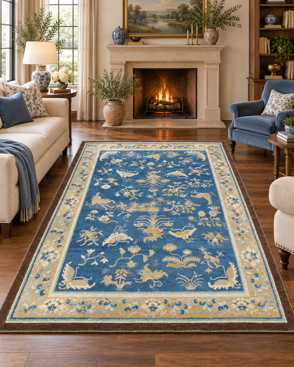 Blue Chinese rug in a cozy living room with a fireplace, sofa, chairs, and warm decor