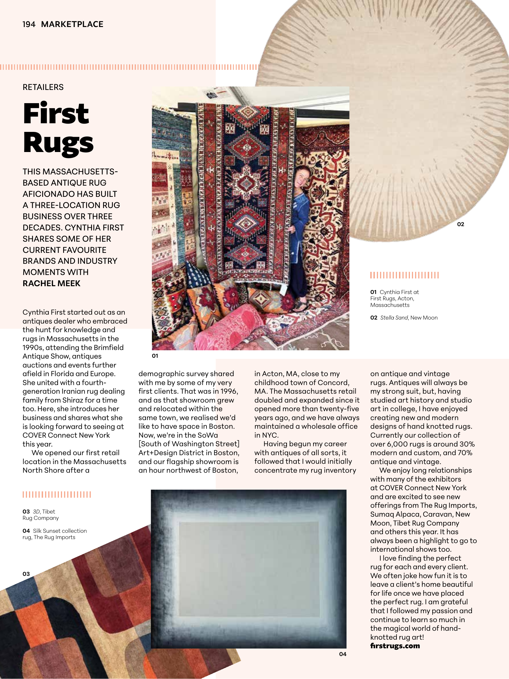 Cover Magazine page on first rugs, with colorful woven textiles and design examples on a white layout