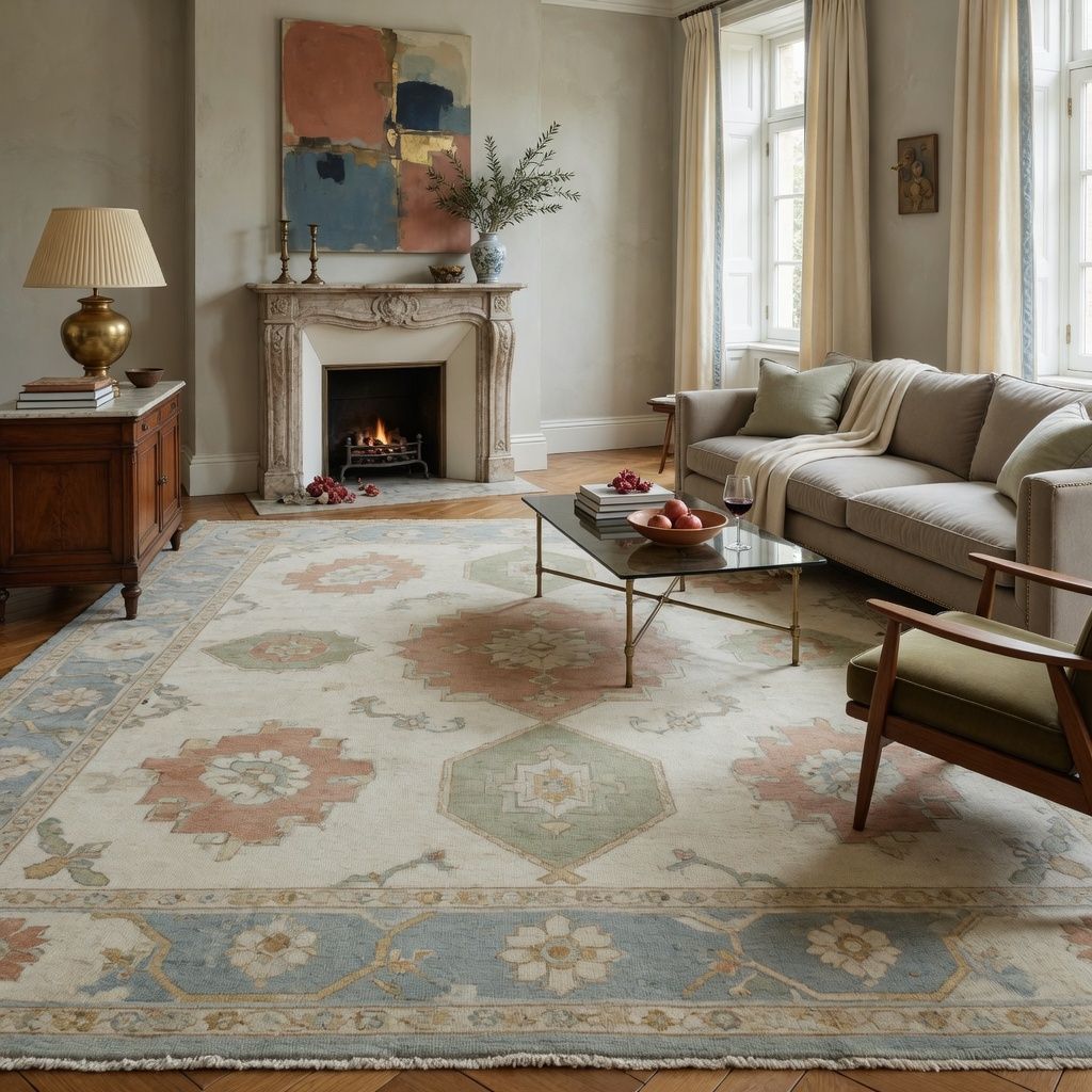Elegant living room with fireplace, beige sofa, and patterned Oushak rug.