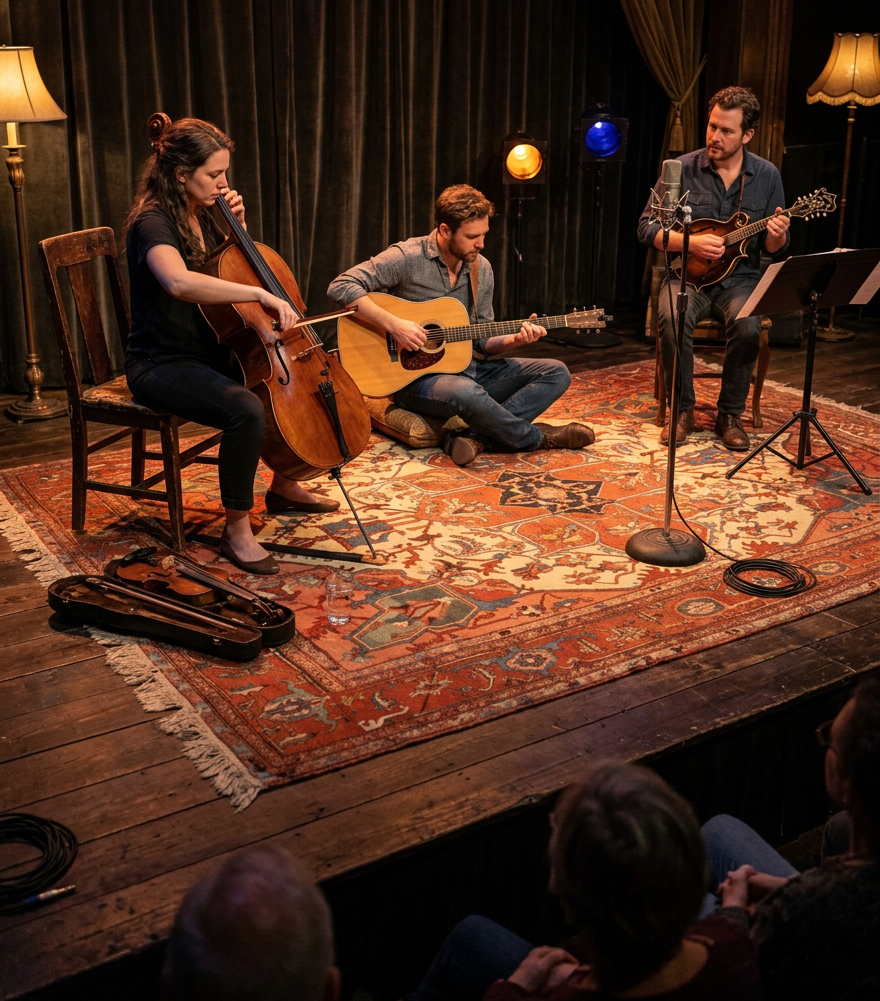Small acoustic trio performing on a warmly lit stage with a cello, guitar, and serapi rug.