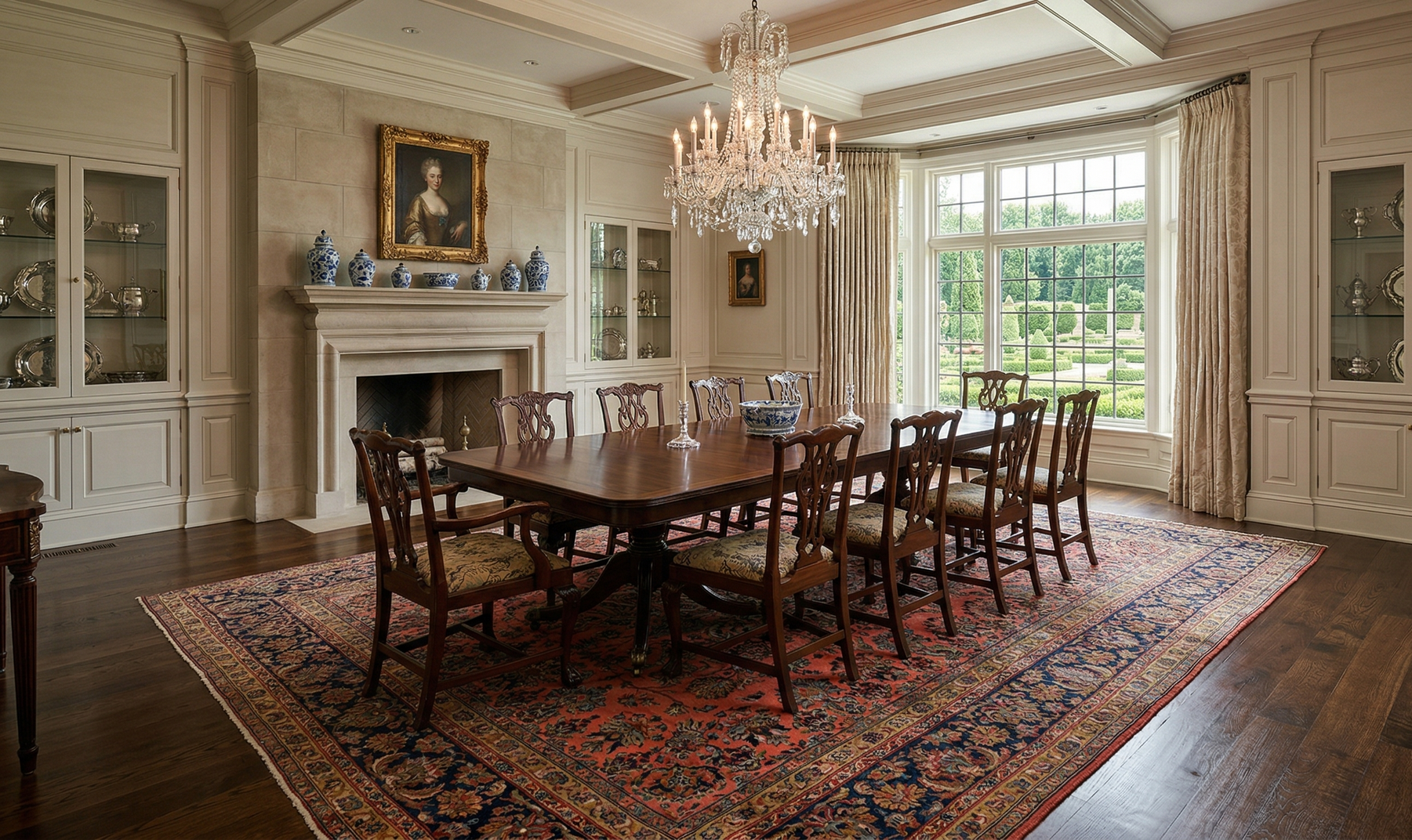 Formal dining room with wood table, Persian rug, chandelier, and fireplace.
