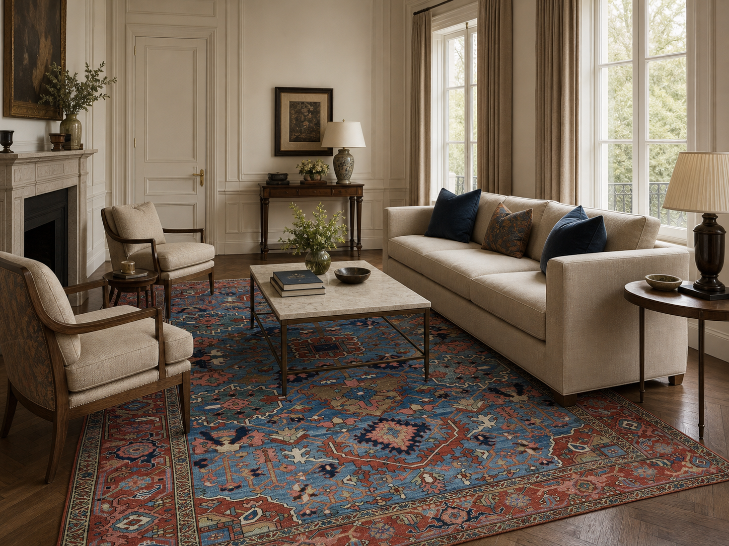 Elegant living room with cream sofa, armchairs, fireplace, and patterned blue-red serapi rug.