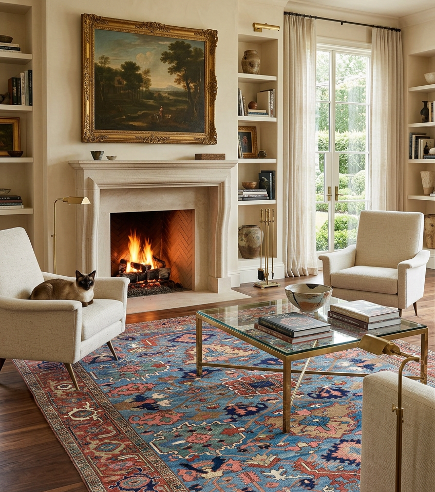 Elegant living room with a lit fireplace, patterned serapi rug, glass coffee table, and French doors to a garden.