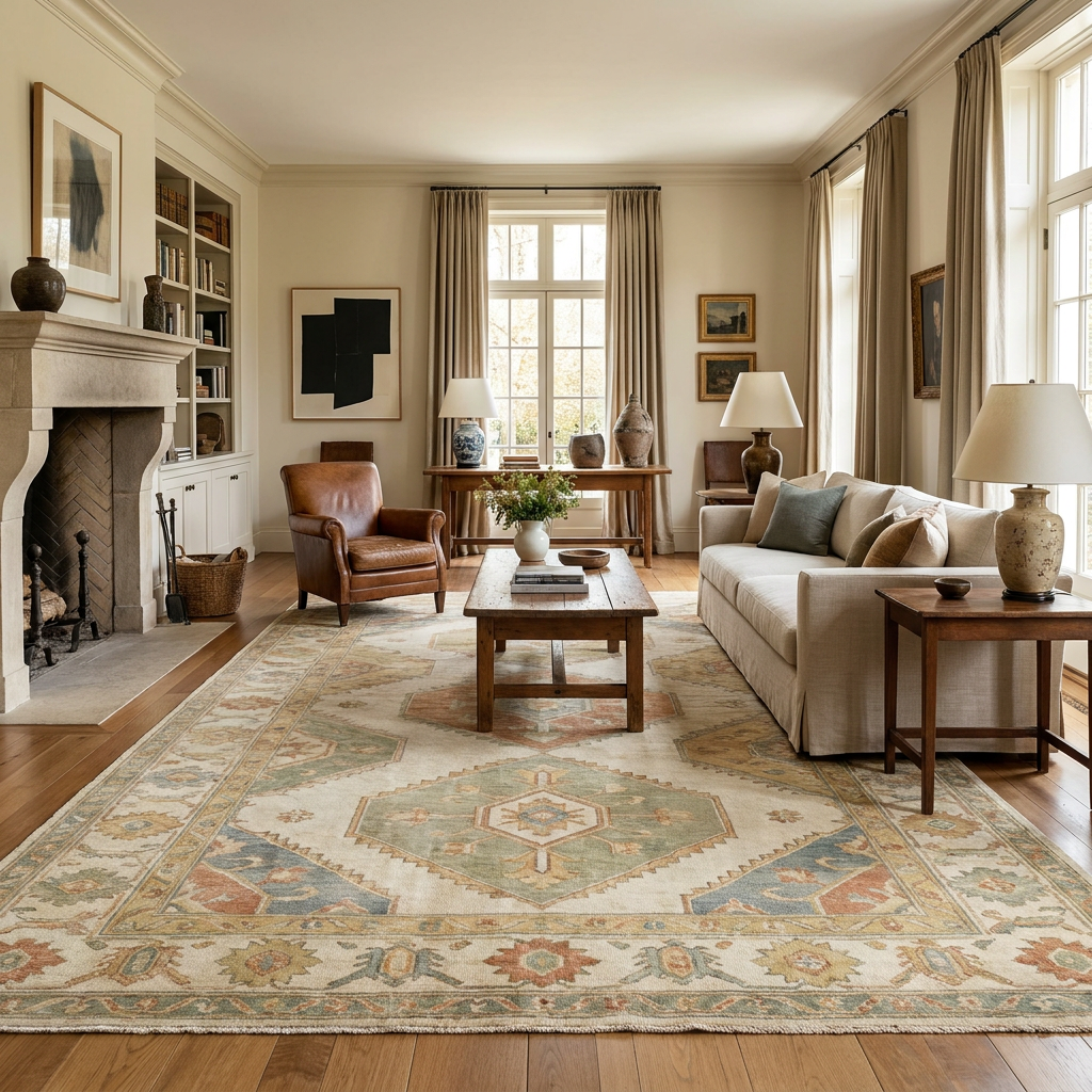Elegant living room with beige sofa, fireplace, armchairs, and patterned oushak rug in soft neutral tones